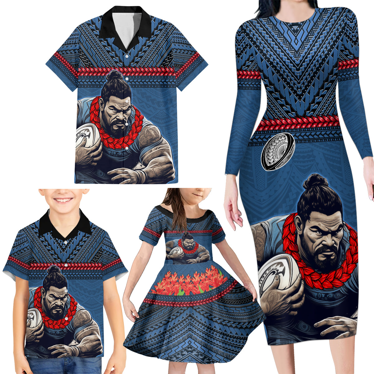 Custom Toa Samoa Rugby Family Matching Long Sleeve Bodycon Dress and Hawaiian Shirt Samoan Warrior Ula Fala Tribal Pattern LT03 - Polynesian Pride