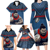 Custom Toa Samoa Rugby Family Matching Long Sleeve Bodycon Dress and Hawaiian Shirt Samoan Warrior Ula Fala Tribal Pattern LT03 - Polynesian Pride