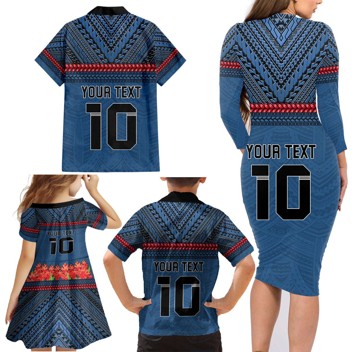 Custom Toa Samoa Rugby Family Matching Long Sleeve Bodycon Dress and Hawaiian Shirt Samoan Warrior Ula Fala Tribal Pattern LT03 - Polynesian Pride