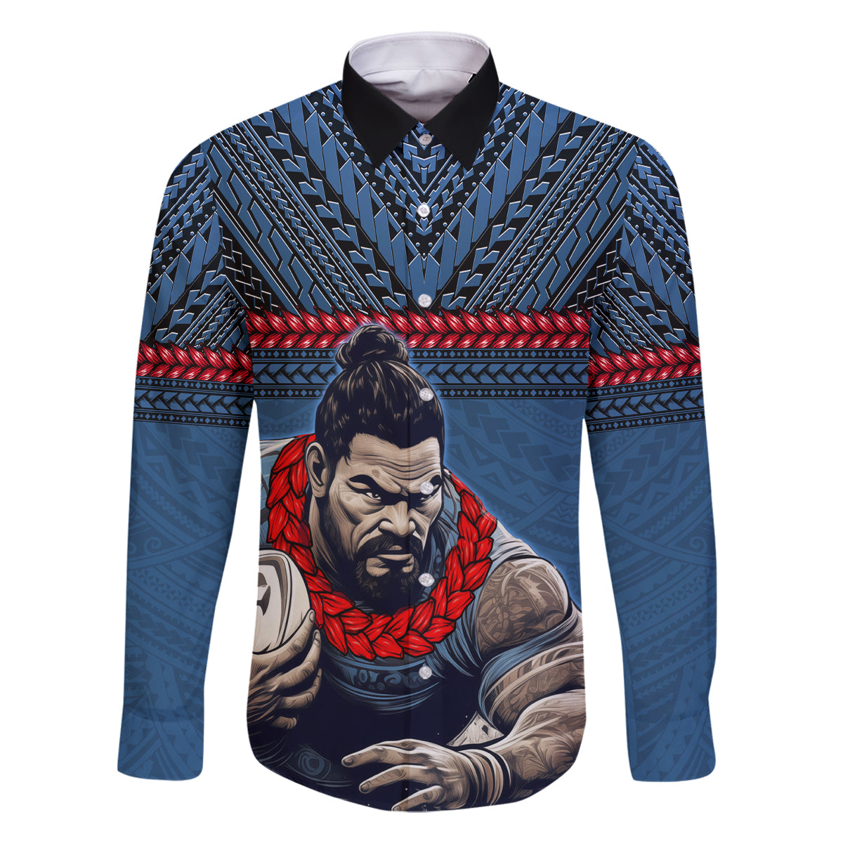 Custom Toa Samoa Rugby Family Matching Long Sleeve Bodycon Dress and Hawaiian Shirt Samoan Warrior Ula Fala Tribal Pattern LT03 Dad's Shirt - Long Sleeve Blue - Polynesian Pride