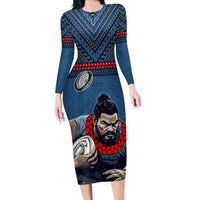 Custom Toa Samoa Rugby Family Matching Long Sleeve Bodycon Dress and Hawaiian Shirt Samoan Warrior Ula Fala Tribal Pattern LT03 Mom's Dress Blue - Polynesian Pride