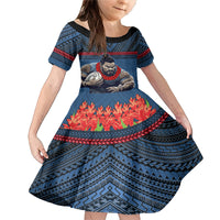Custom Toa Samoa Rugby Family Matching Mermaid Dress and Hawaiian Shirt Samoan Warrior Ula Fala Tribal Pattern LT03 Daughter's Dress Blue - Polynesian Pride