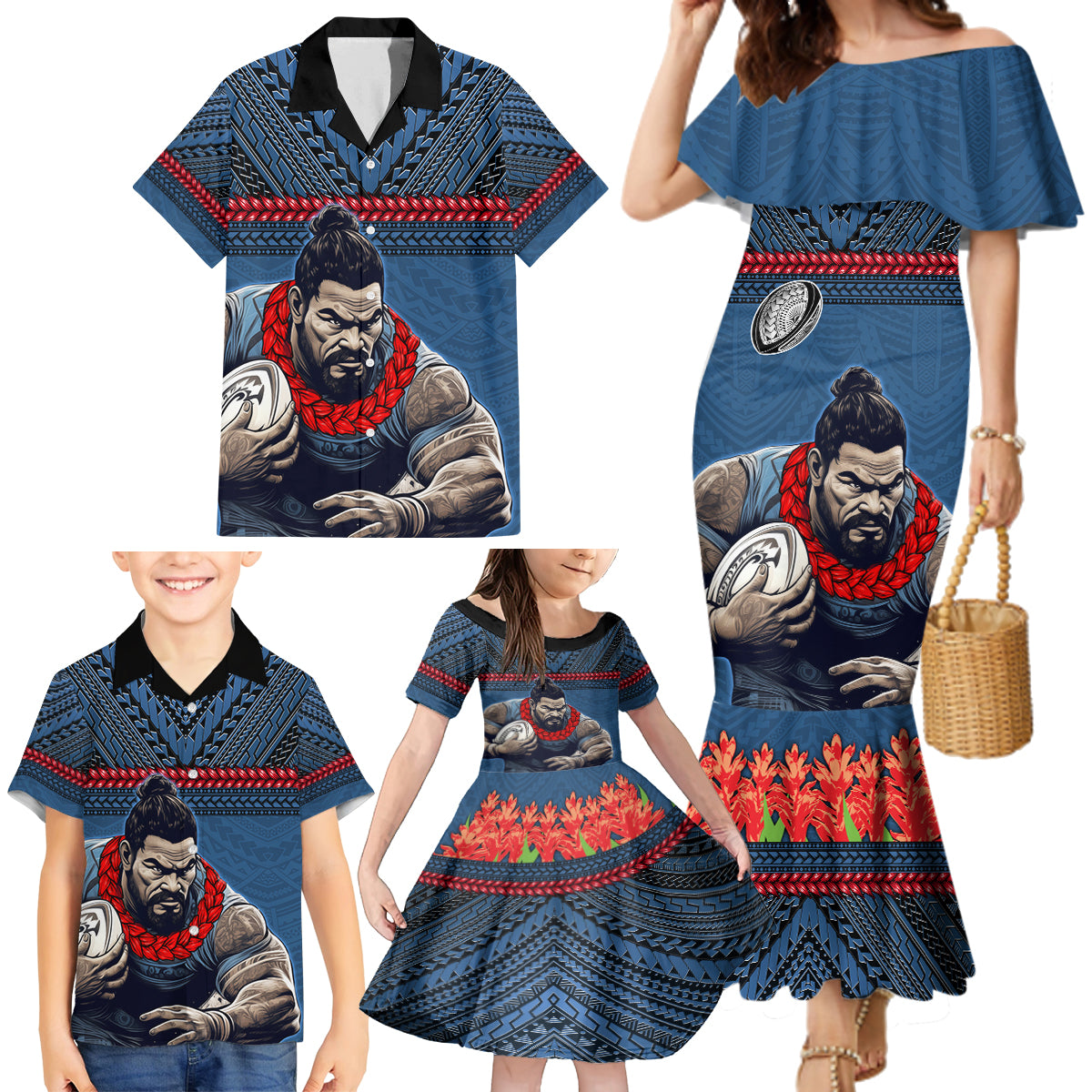 Custom Toa Samoa Rugby Family Matching Mermaid Dress and Hawaiian Shirt Samoan Warrior Ula Fala Tribal Pattern LT03 - Polynesian Pride