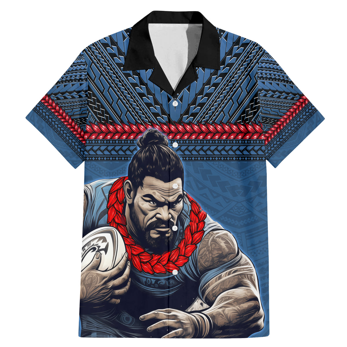 Custom Toa Samoa Rugby Family Matching Mermaid Dress and Hawaiian Shirt Samoan Warrior Ula Fala Tribal Pattern LT03 Dad's Shirt - Short Sleeve Blue - Polynesian Pride