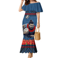 Custom Toa Samoa Rugby Family Matching Mermaid Dress and Hawaiian Shirt Samoan Warrior Ula Fala Tribal Pattern LT03 Mom's Dress Blue - Polynesian Pride