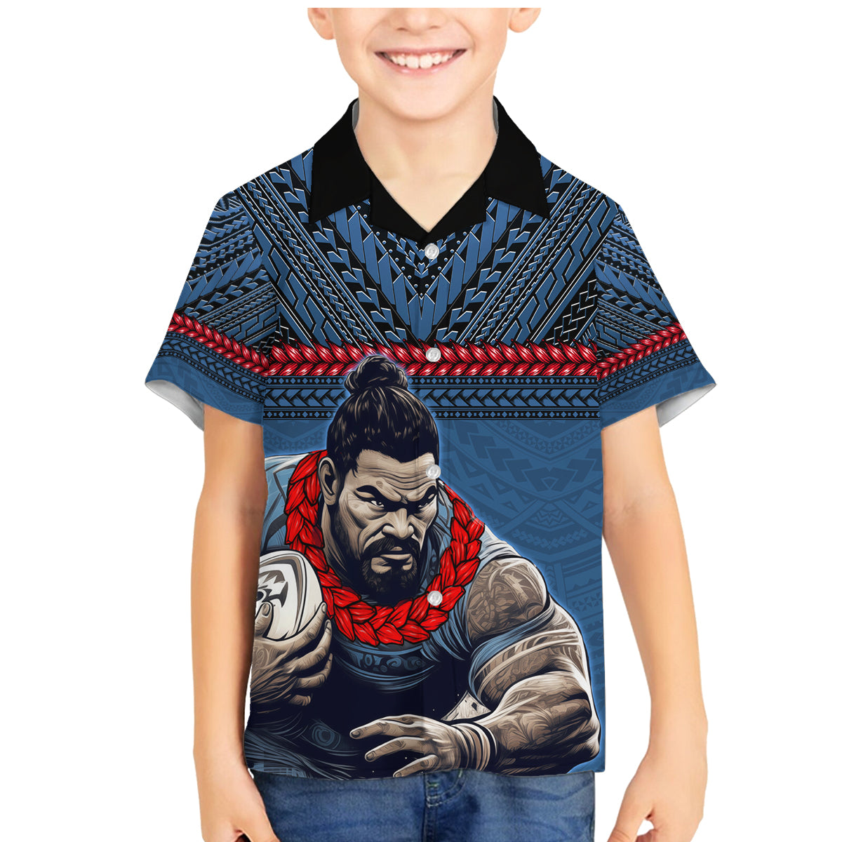 Custom Toa Samoa Rugby Family Matching Mermaid Dress and Hawaiian Shirt Samoan Warrior Ula Fala Tribal Pattern LT03 Son's Shirt Blue - Polynesian Pride