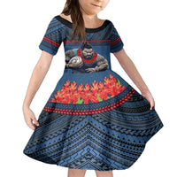 Custom Toa Samoa Rugby Family Matching Off The Shoulder Long Sleeve Dress and Hawaiian Shirt Samoan Warrior Ula Fala Tribal Pattern LT03 Daughter's Dress Blue - Polynesian Pride
