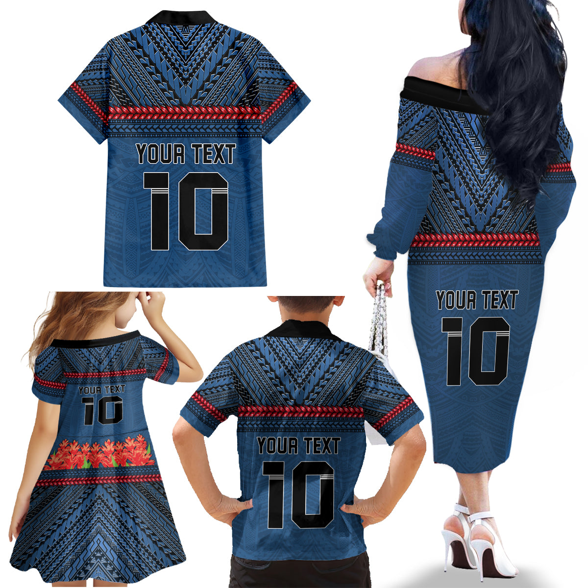 Custom Toa Samoa Rugby Family Matching Off The Shoulder Long Sleeve Dress and Hawaiian Shirt Samoan Warrior Ula Fala Tribal Pattern LT03 - Polynesian Pride