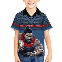Custom Toa Samoa Rugby Family Matching Off The Shoulder Long Sleeve Dress and Hawaiian Shirt Samoan Warrior Ula Fala Tribal Pattern LT03 Son's Shirt Blue - Polynesian Pride