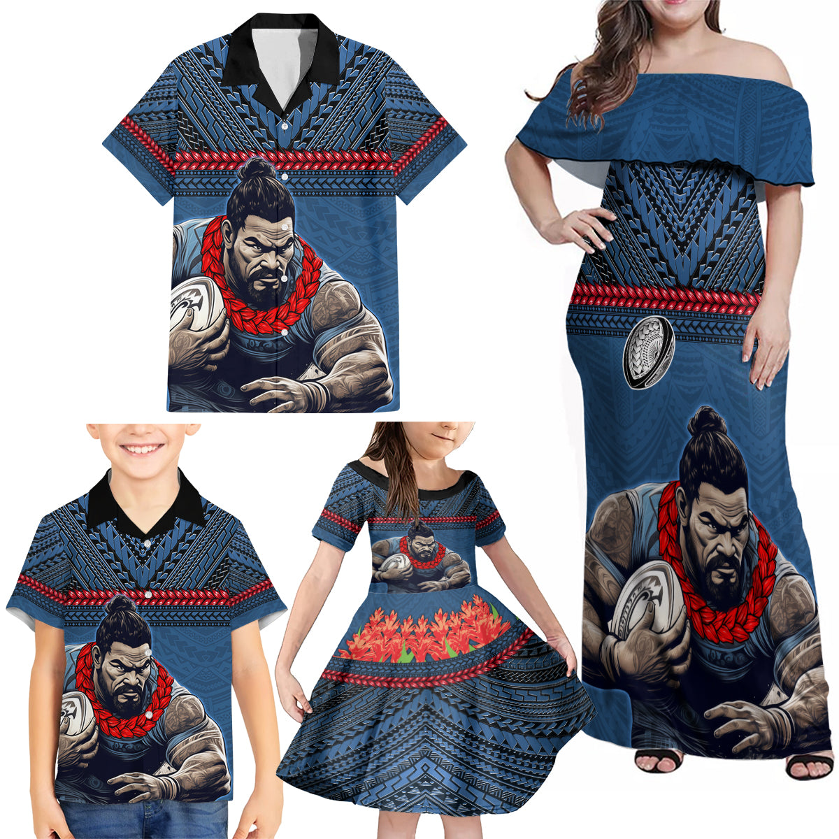 Custom Toa Samoa Rugby Family Matching Off Shoulder Maxi Dress and Hawaiian Shirt Samoan Warrior Ula Fala Tribal Pattern LT03 - Polynesian Pride