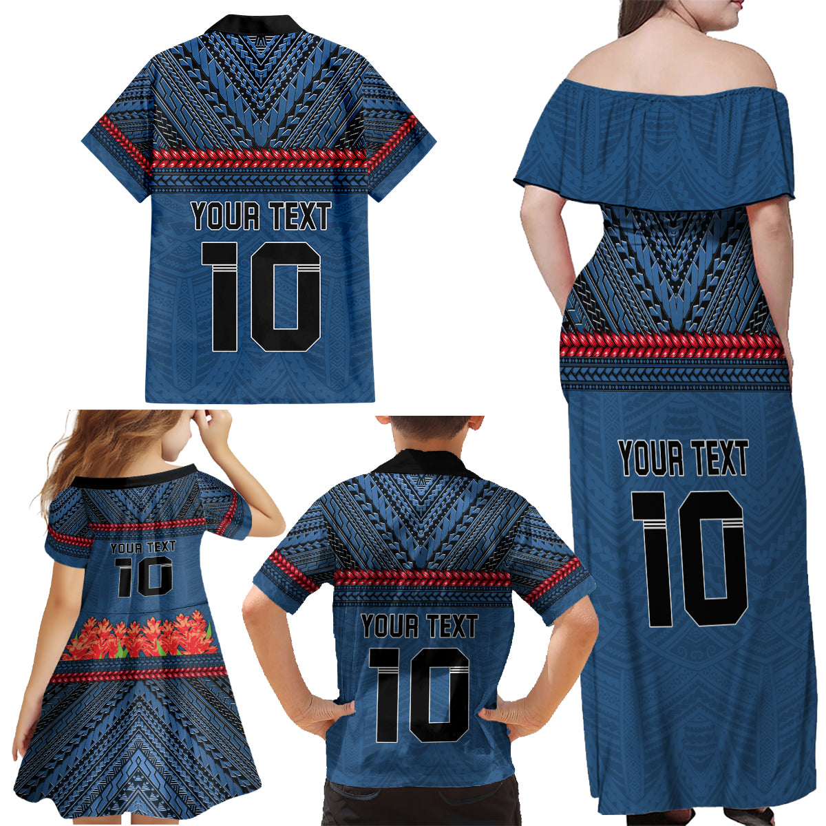 Custom Toa Samoa Rugby Family Matching Off Shoulder Maxi Dress and Hawaiian Shirt Samoan Warrior Ula Fala Tribal Pattern LT03 - Polynesian Pride