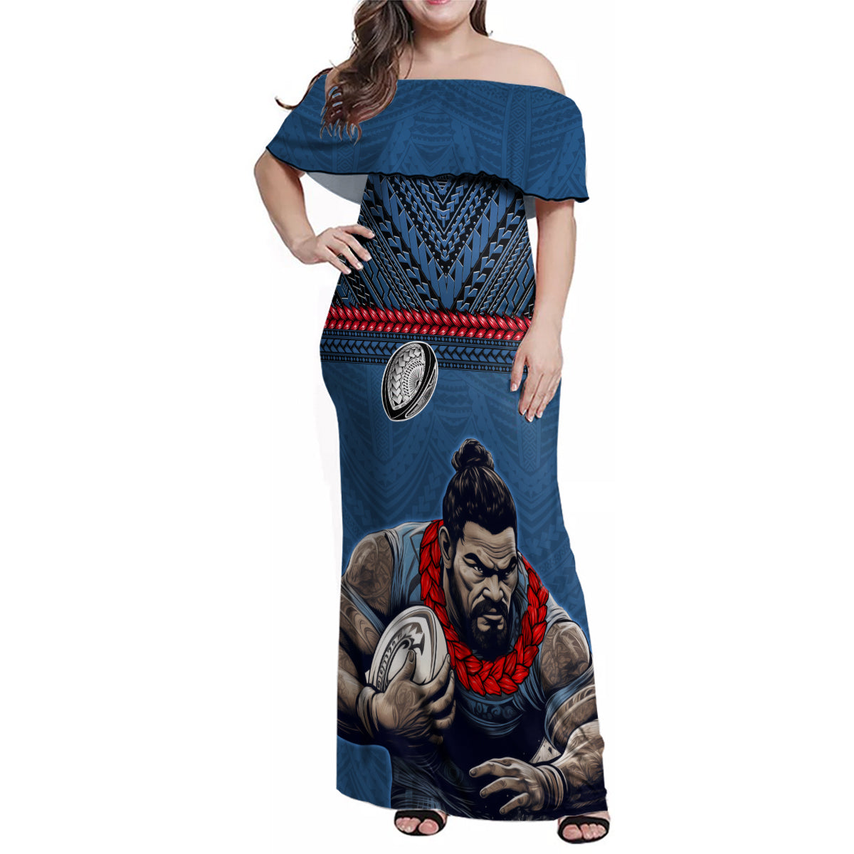 Custom Toa Samoa Rugby Family Matching Off Shoulder Maxi Dress and Hawaiian Shirt Samoan Warrior Ula Fala Tribal Pattern LT03 Mom's Dress Blue - Polynesian Pride