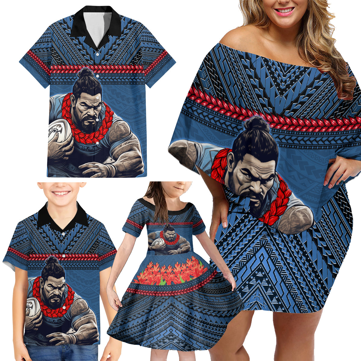 Custom Toa Samoa Rugby Family Matching Off Shoulder Short Dress and Hawaiian Shirt Samoan Warrior Ula Fala Tribal Pattern LT03 - Polynesian Pride