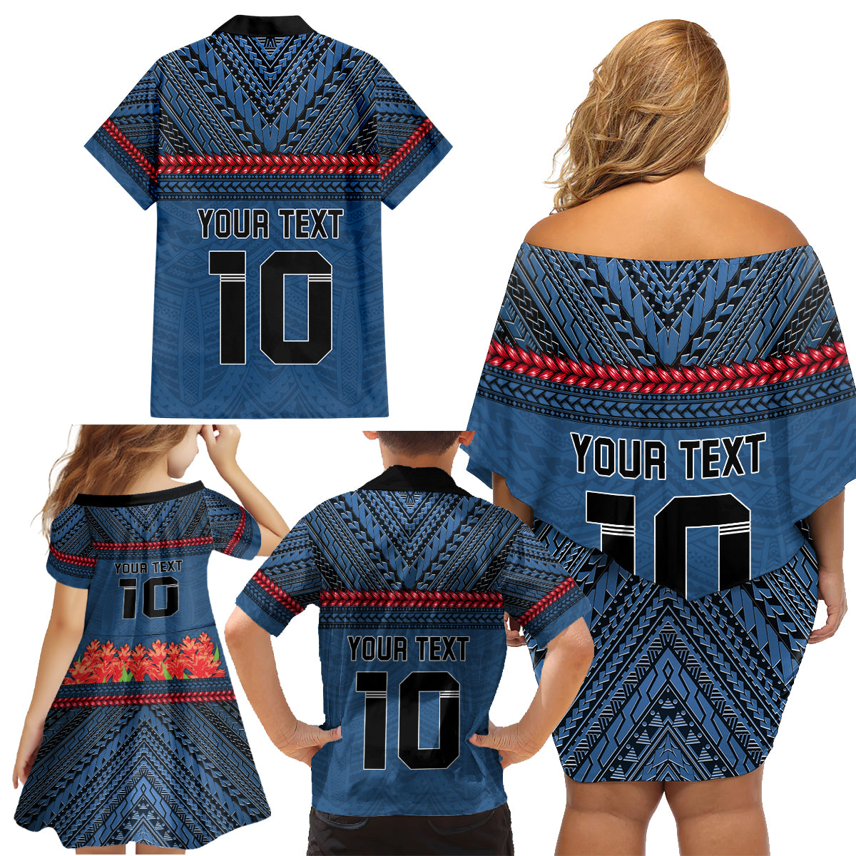 Custom Toa Samoa Rugby Family Matching Off Shoulder Short Dress and Hawaiian Shirt Samoan Warrior Ula Fala Tribal Pattern LT03 - Polynesian Pride