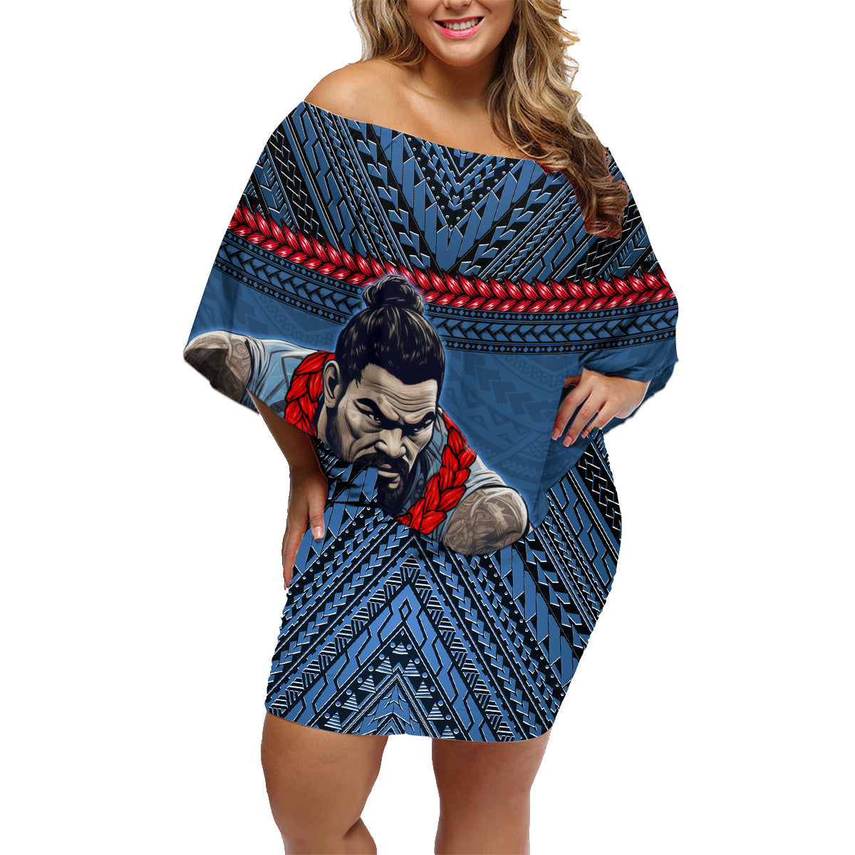 Custom Toa Samoa Rugby Family Matching Off Shoulder Short Dress and Hawaiian Shirt Samoan Warrior Ula Fala Tribal Pattern LT03 Mom's Dress Blue - Polynesian Pride
