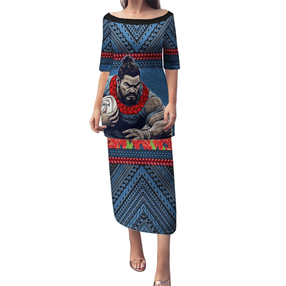 Custom Toa Samoa Rugby Family Matching Puletasi and Hawaiian Shirt Samoan Warrior Ula Fala Tribal Pattern LT03 Mom's Dress Blue - Polynesian Pride