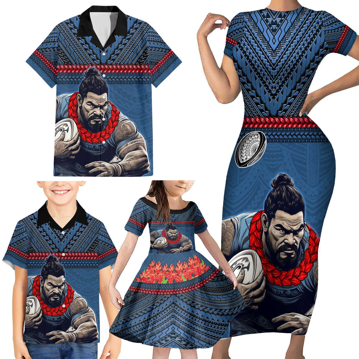 Custom Toa Samoa Rugby Family Matching Short Sleeve Bodycon Dress and Hawaiian Shirt Samoan Warrior Ula Fala Tribal Pattern LT03 - Polynesian Pride