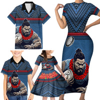 Custom Toa Samoa Rugby Family Matching Short Sleeve Bodycon Dress and Hawaiian Shirt Samoan Warrior Ula Fala Tribal Pattern LT03 - Polynesian Pride