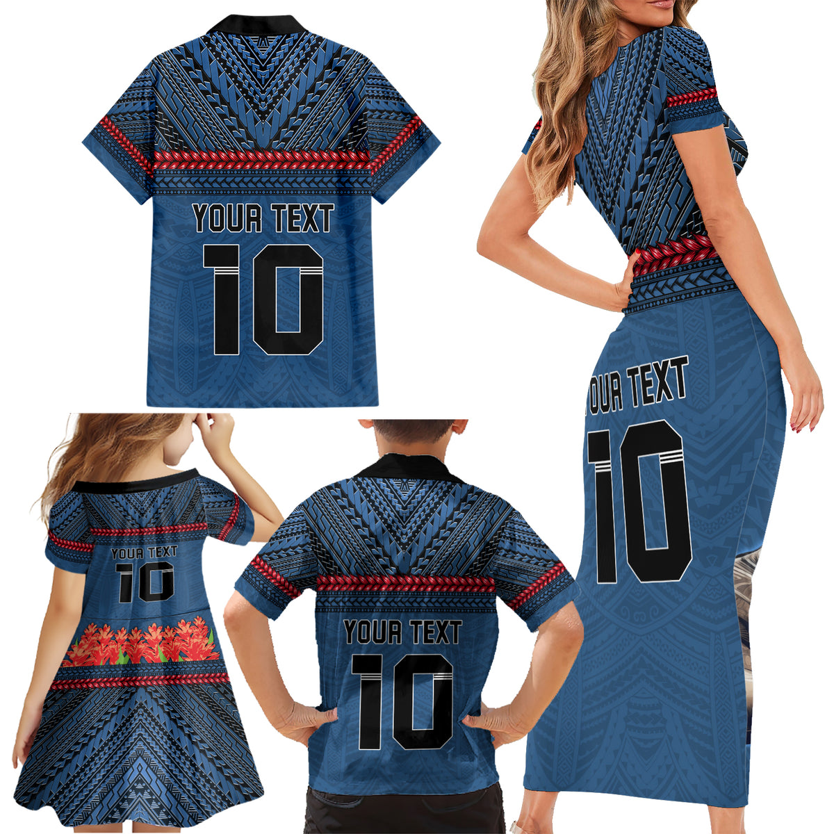 Custom Toa Samoa Rugby Family Matching Short Sleeve Bodycon Dress and Hawaiian Shirt Samoan Warrior Ula Fala Tribal Pattern LT03 - Polynesian Pride
