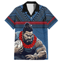 Custom Toa Samoa Rugby Family Matching Short Sleeve Bodycon Dress and Hawaiian Shirt Samoan Warrior Ula Fala Tribal Pattern LT03 Dad's Shirt - Short Sleeve Blue - Polynesian Pride
