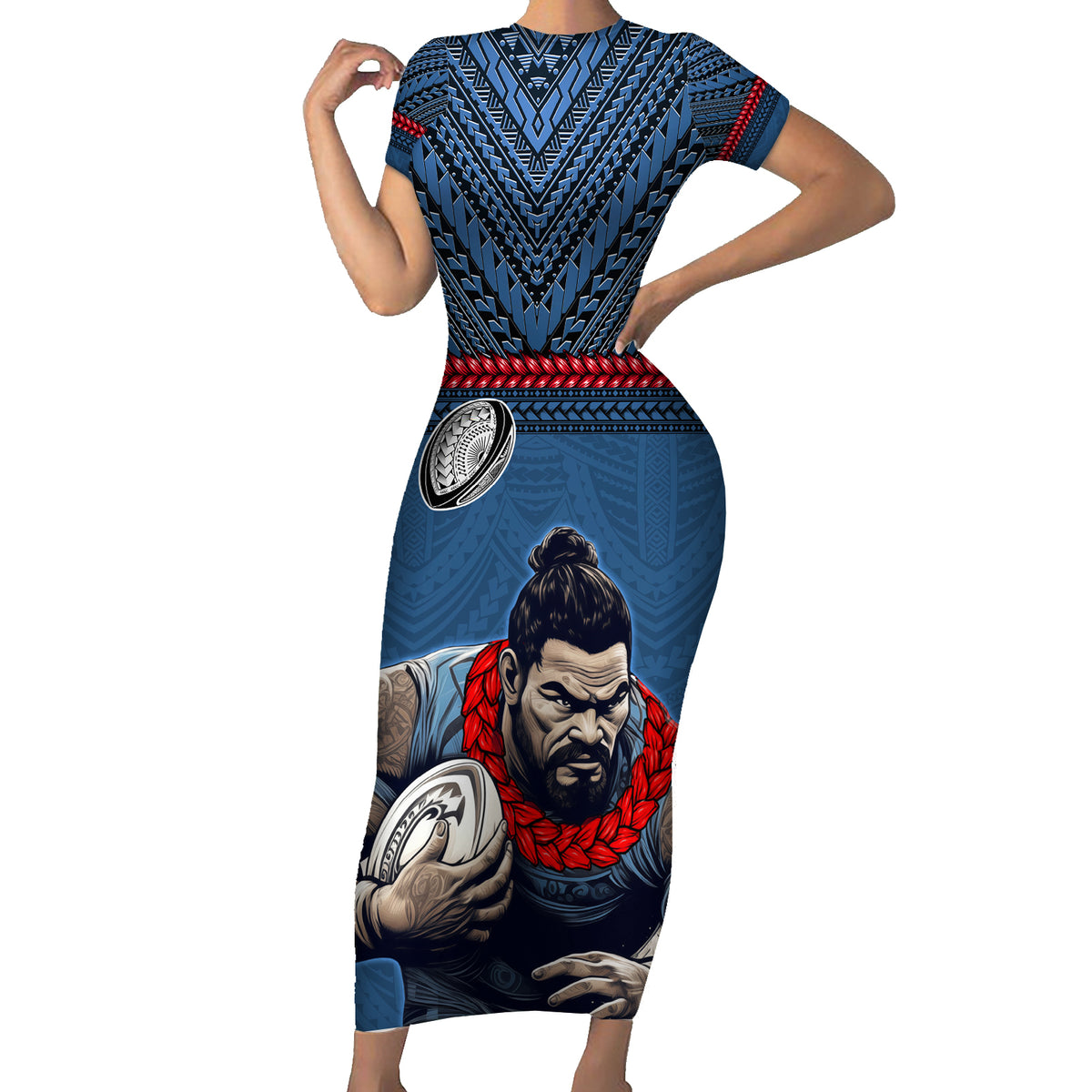 Custom Toa Samoa Rugby Family Matching Short Sleeve Bodycon Dress and Hawaiian Shirt Samoan Warrior Ula Fala Tribal Pattern LT03 Mom's Dress Blue - Polynesian Pride