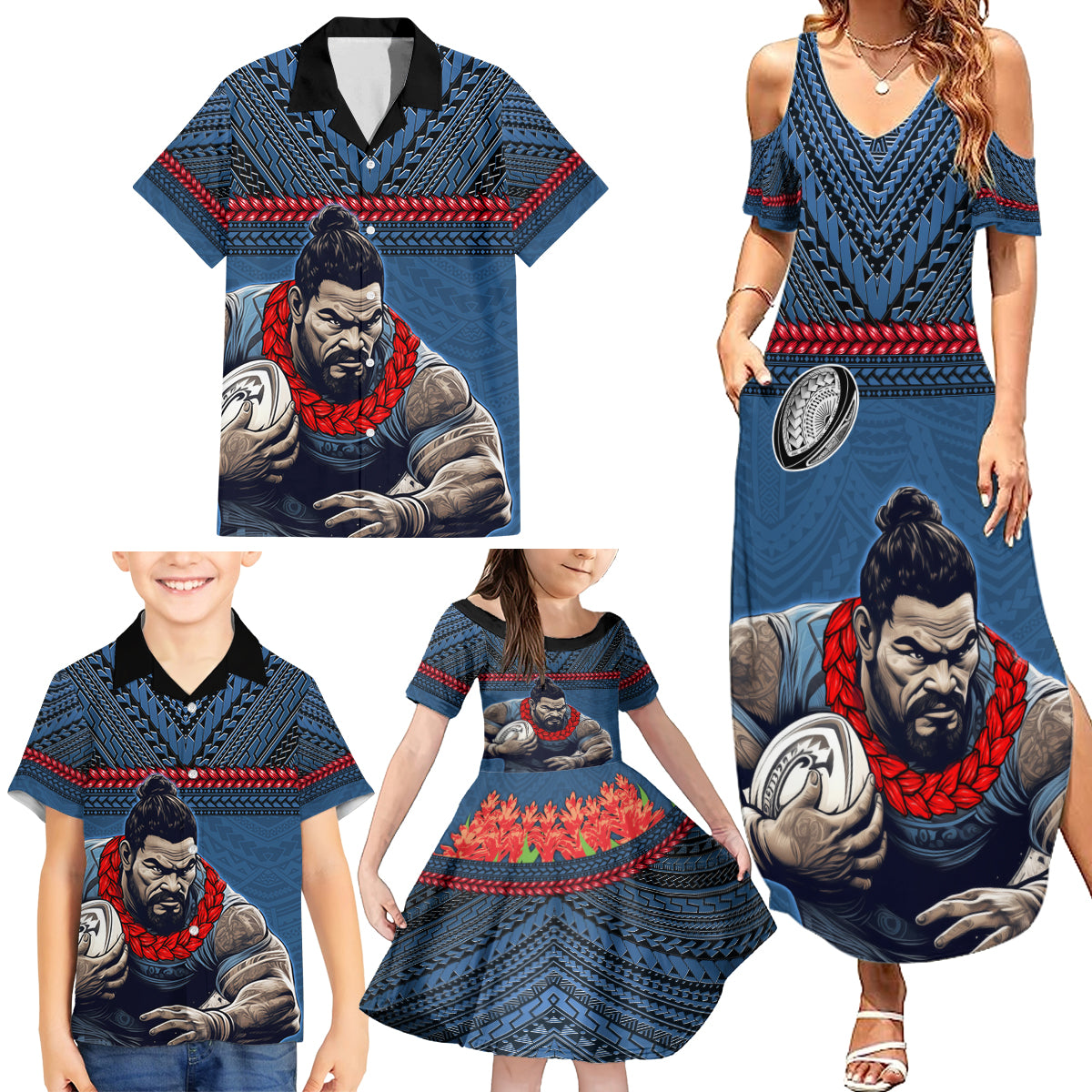 Custom Toa Samoa Rugby Family Matching Summer Maxi Dress and Hawaiian Shirt Samoan Warrior Ula Fala Tribal Pattern LT03 - Polynesian Pride