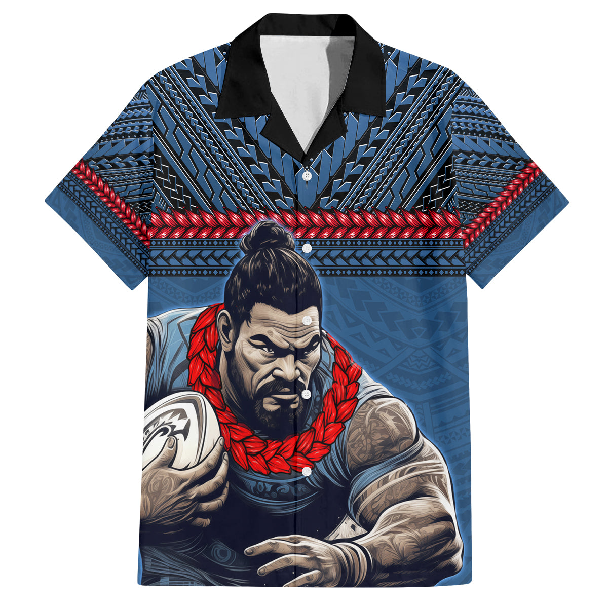 Custom Toa Samoa Rugby Family Matching Summer Maxi Dress and Hawaiian Shirt Samoan Warrior Ula Fala Tribal Pattern LT03 Dad's Shirt - Short Sleeve Blue - Polynesian Pride