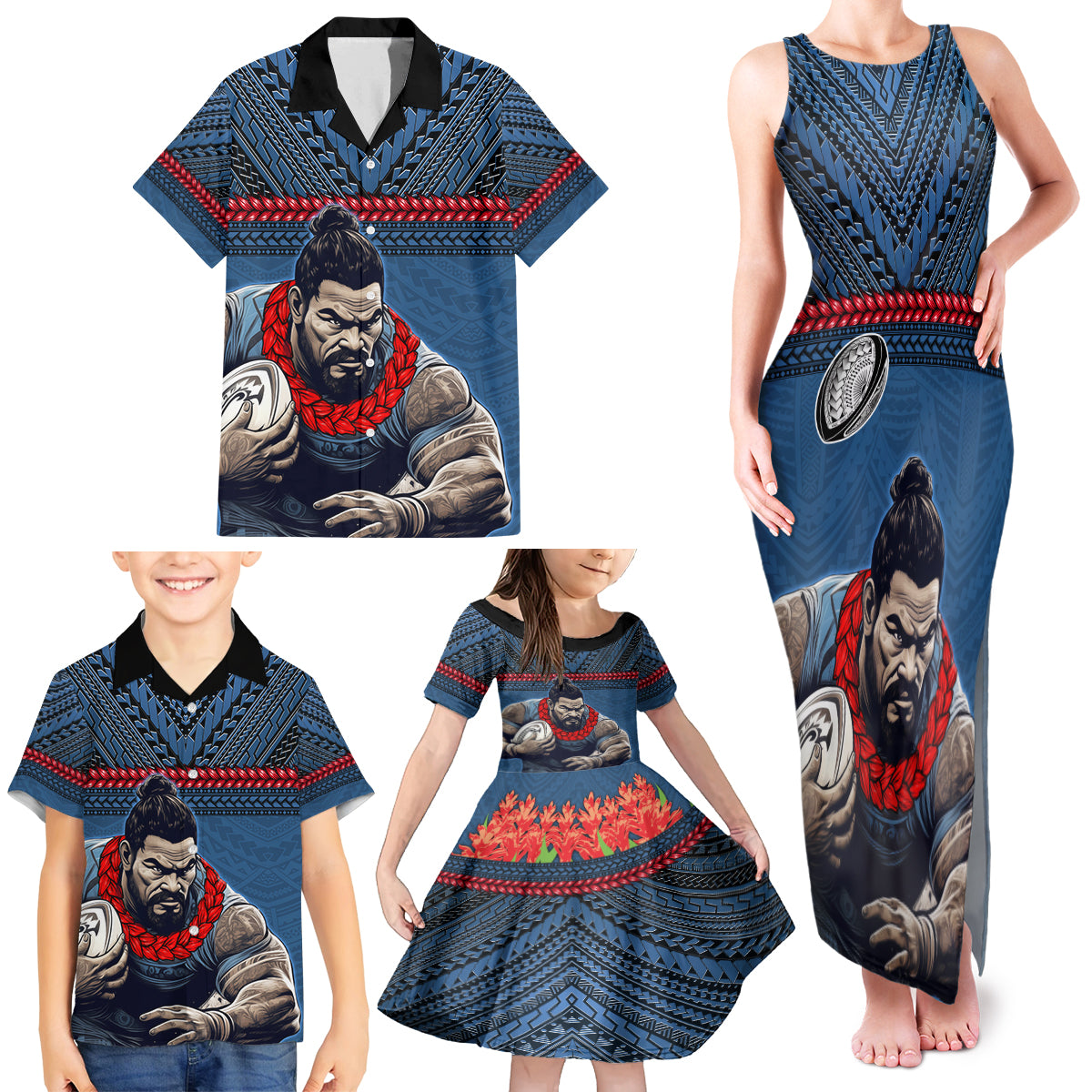 Custom Toa Samoa Rugby Family Matching Tank Maxi Dress and Hawaiian Shirt Samoan Warrior Ula Fala Tribal Pattern LT03 - Polynesian Pride
