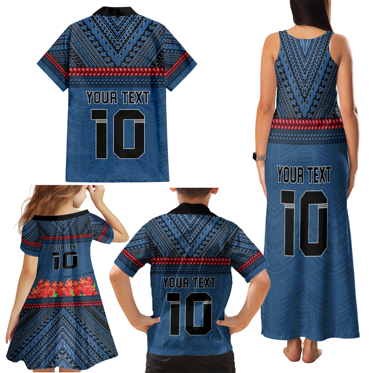Custom Toa Samoa Rugby Family Matching Tank Maxi Dress and Hawaiian Shirt Samoan Warrior Ula Fala Tribal Pattern LT03 - Polynesian Pride