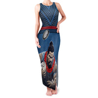 Custom Toa Samoa Rugby Family Matching Tank Maxi Dress and Hawaiian Shirt Samoan Warrior Ula Fala Tribal Pattern LT03 Mom's Dress Blue - Polynesian Pride
