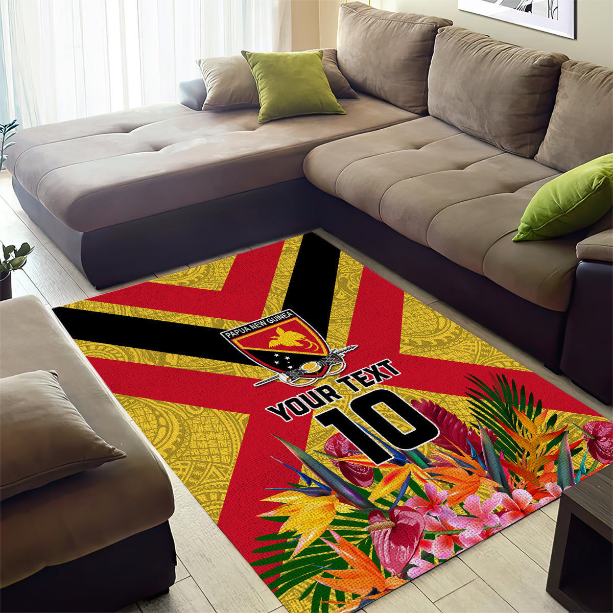 Custom Papua New Guinea Rugby Area Rug Bird of Paradise and Hibiscus Polynesian Pattern Yellow Color LT03 - Polynesian Pride
