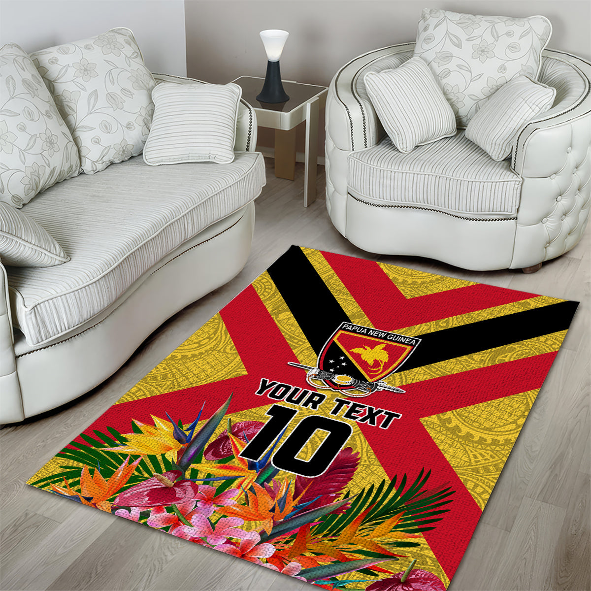 Custom Papua New Guinea Rugby Area Rug Bird of Paradise and Hibiscus Polynesian Pattern Yellow Color LT03 - Polynesian Pride