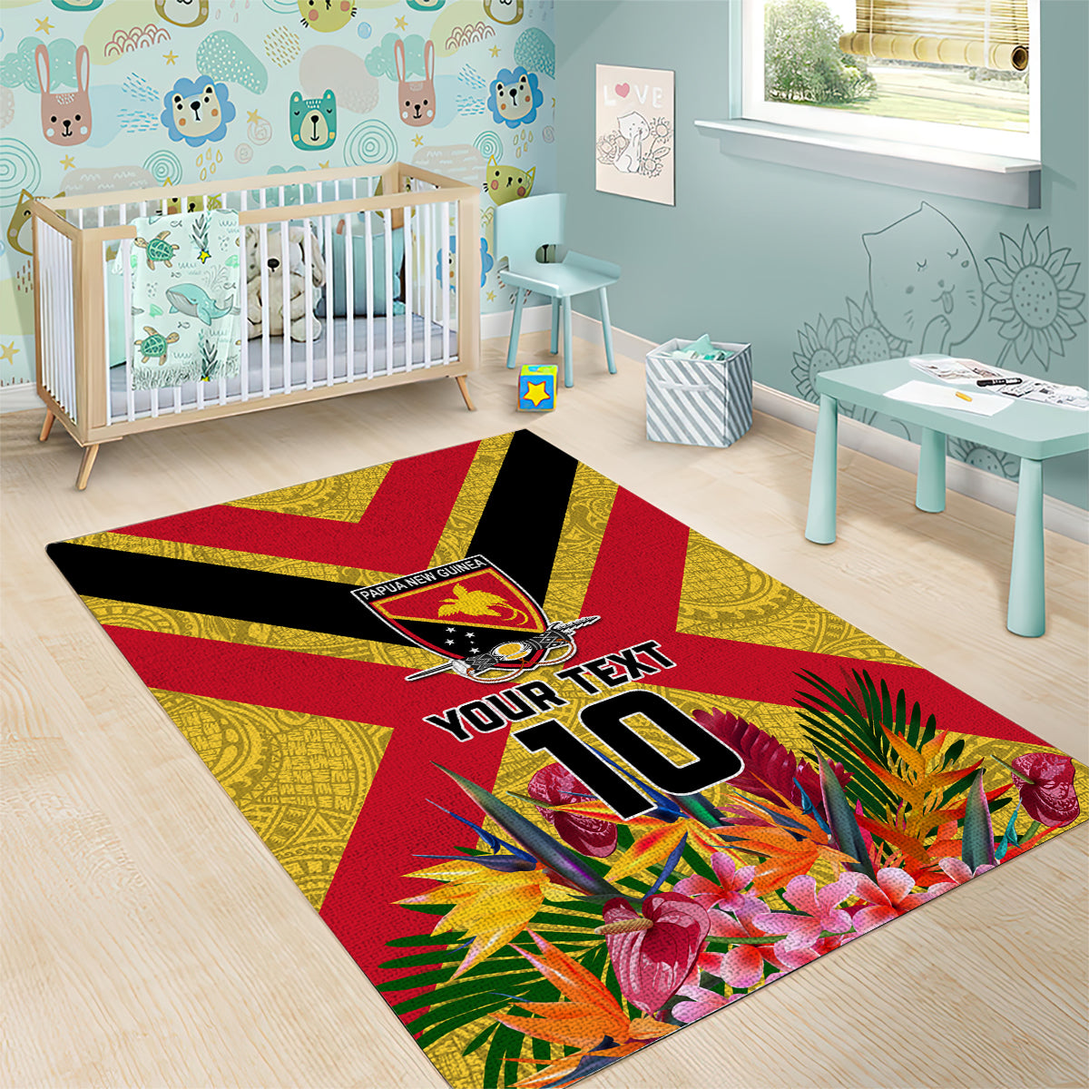 Custom Papua New Guinea Rugby Area Rug Bird of Paradise and Hibiscus Polynesian Pattern Yellow Color LT03 - Polynesian Pride