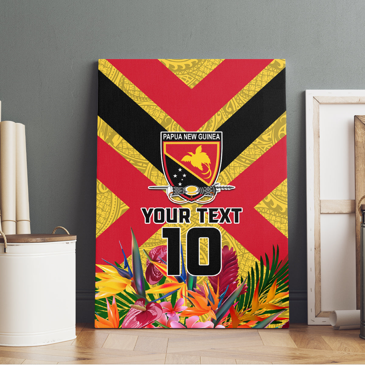 Custom Papua New Guinea Rugby Canvas Wall Art Bird of Paradise and Hibiscus Polynesian Pattern Yellow Color LT03 - Polynesian Pride