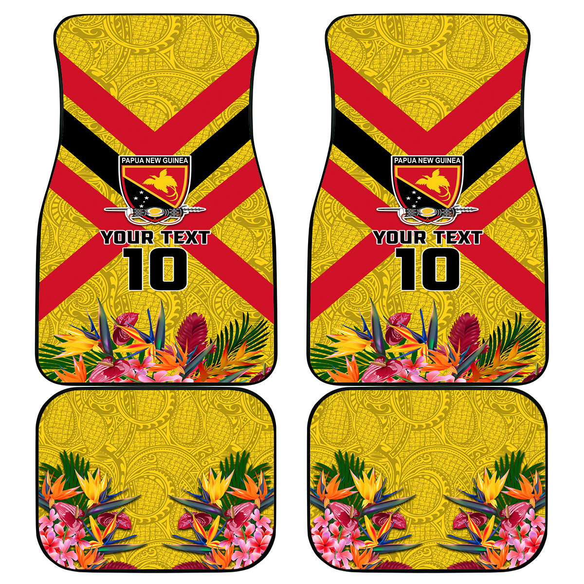 Custom Papua New Guinea Rugby Car Mats Bird of Paradise and Hibiscus Polynesian Pattern Yellow Color LT03 - Polynesian Pride