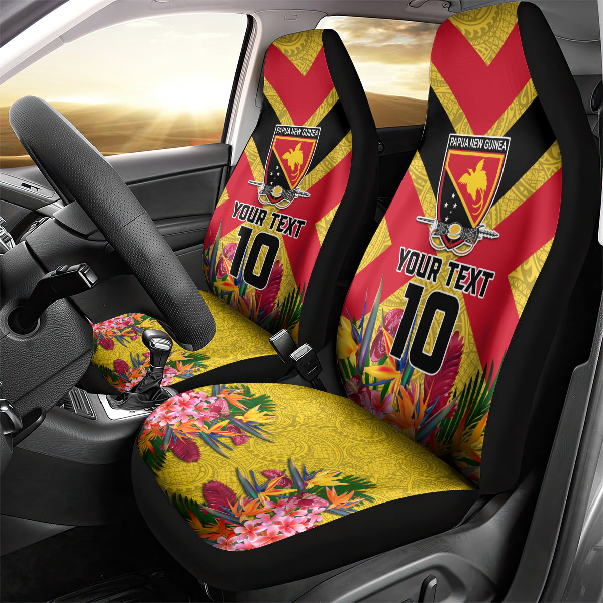 Custom Papua New Guinea Rugby Car Seat Cover Bird of Paradise and Hibiscus Polynesian Pattern Yellow Color LT03 - Polynesian Pride
