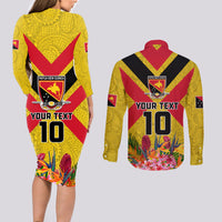Custom Papua New Guinea Rugby Couples Matching Long Sleeve Bodycon Dress and Long Sleeve Button Shirt Bird of Paradise and Hibiscus Polynesian Pattern Yellow Color LT03 - Polynesian Pride