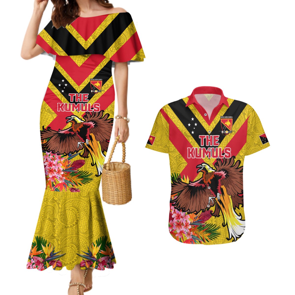 Custom Papua New Guinea Rugby Couples Matching Mermaid Dress and Hawaiian Shirt Bird of Paradise and Hibiscus Polynesian Pattern Yellow Color LT03
