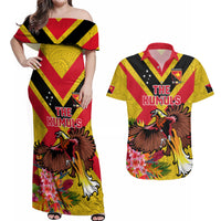 Custom Papua New Guinea Rugby Couples Matching Off Shoulder Maxi Dress and Hawaiian Shirt Bird of Paradise and Hibiscus Polynesian Pattern Yellow Color LT03 Yellow - Polynesian Pride