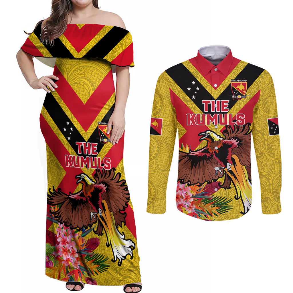 Custom Papua New Guinea Rugby Couples Matching Off Shoulder Maxi Dress and Long Sleeve Button Shirt Bird of Paradise and Hibiscus Polynesian Pattern Yellow Color LT03 Yellow - Polynesian Pride