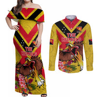 Custom Papua New Guinea Rugby Couples Matching Off Shoulder Maxi Dress and Long Sleeve Button Shirt Bird of Paradise and Hibiscus Polynesian Pattern Yellow Color LT03 Yellow - Polynesian Pride