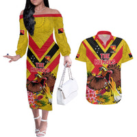 Custom Papua New Guinea Rugby Couples Matching Off The Shoulder Long Sleeve Dress and Hawaiian Shirt Bird of Paradise and Hibiscus Polynesian Pattern Yellow Color LT03 Yellow - Polynesian Pride