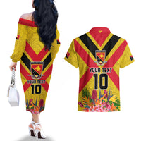 Custom Papua New Guinea Rugby Couples Matching Off The Shoulder Long Sleeve Dress and Hawaiian Shirt Bird of Paradise and Hibiscus Polynesian Pattern Yellow Color LT03 - Polynesian Pride