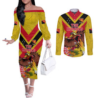 Custom Papua New Guinea Rugby Couples Matching Off The Shoulder Long Sleeve Dress and Long Sleeve Button Shirt Bird of Paradise and Hibiscus Polynesian Pattern Yellow Color LT03 Yellow - Polynesian Pride