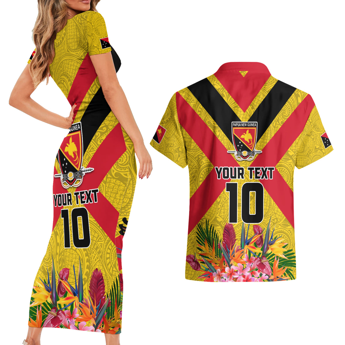 Custom Papua New Guinea Rugby Couples Matching Short Sleeve Bodycon Dress and Hawaiian Shirt Bird of Paradise and Hibiscus Polynesian Pattern Yellow Color LT03 - Polynesian Pride