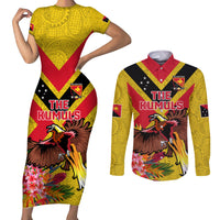 Custom Papua New Guinea Rugby Couples Matching Short Sleeve Bodycon Dress and Long Sleeve Button Shirt Bird of Paradise and Hibiscus Polynesian Pattern Yellow Color LT03 Yellow - Polynesian Pride