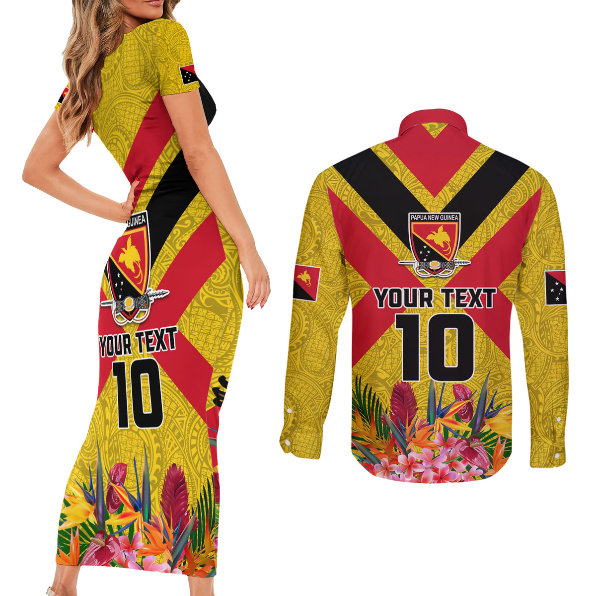 Custom Papua New Guinea Rugby Couples Matching Short Sleeve Bodycon Dress and Long Sleeve Button Shirt Bird of Paradise and Hibiscus Polynesian Pattern Yellow Color LT03 - Polynesian Pride