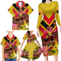 Custom Papua New Guinea Rugby Family Matching Long Sleeve Bodycon Dress and Hawaiian Shirt Bird of Paradise and Hibiscus Polynesian Pattern Yellow Color LT03 - Polynesian Pride