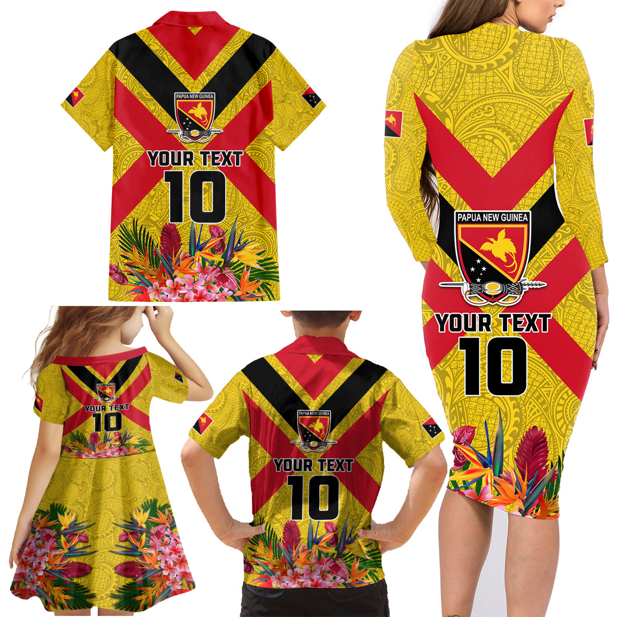 Custom Papua New Guinea Rugby Family Matching Long Sleeve Bodycon Dress and Hawaiian Shirt Bird of Paradise and Hibiscus Polynesian Pattern Yellow Color LT03 - Polynesian Pride