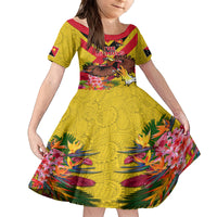 Custom Papua New Guinea Rugby Family Matching Off The Shoulder Long Sleeve Dress and Hawaiian Shirt Bird of Paradise and Hibiscus Polynesian Pattern Yellow Color LT03 Daughter's Dress Yellow - Polynesian Pride